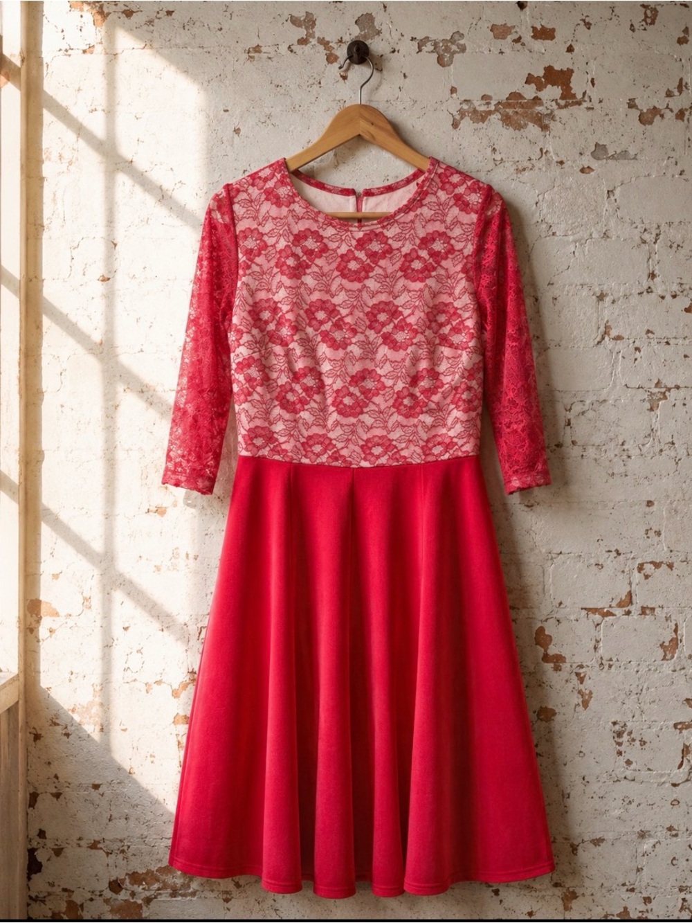 Coquette Romantic Red Floral Lace Fit & Flare Midi Dress 3/4 Sleeve